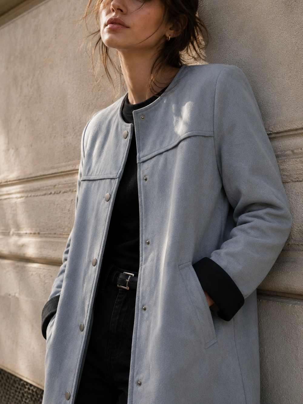 Primark Dusty Blue Faux Suede Jacket | Chic Snap Button Coat /Like New